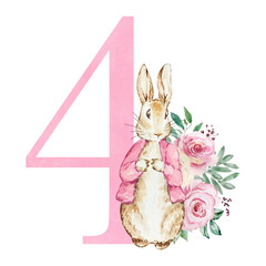 Watercolor pink number 4 with peter rabbit