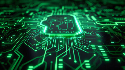 Advanced Circuit Board Technology, Digital Computing and Electronics Concept, Blue and Green Background with Components