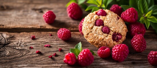 A delicious cookie, made with natural ingredients, placed on a wooden table, surrounded by fresh raspberries - a perfect fruity addition to any cuisine dish or recipe.