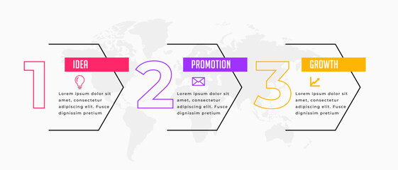 modern three step infographic sequence chart template with world map design