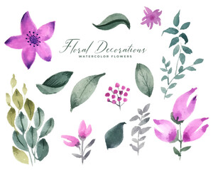 pack of watercolor flowers and leaves background for wedding decor