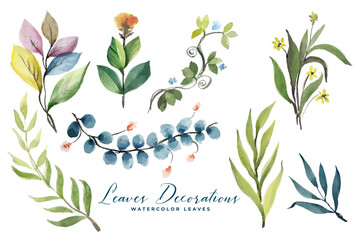 set of watercolor flowers and leaves background for greeting card decor - obrazy, fototapety, plakaty