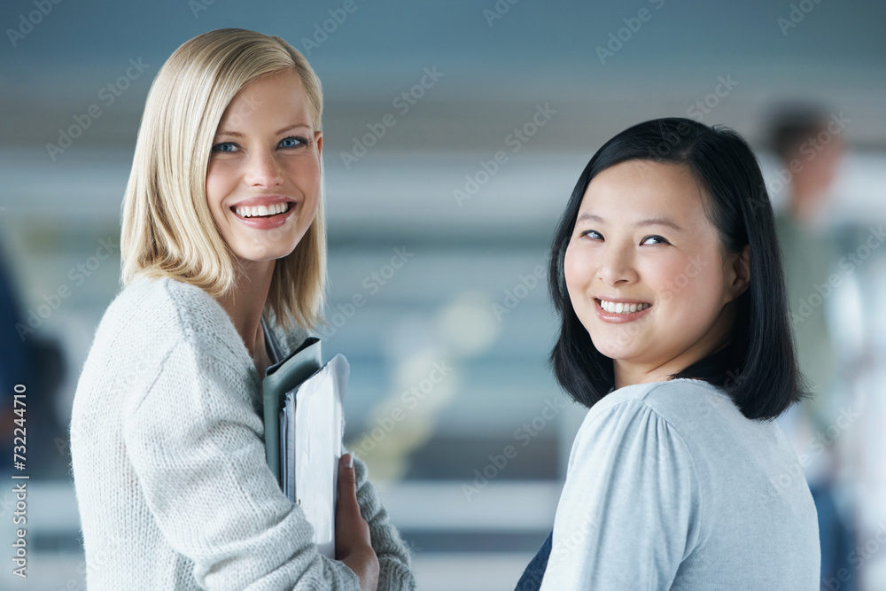 Poster Portrait, friends and happy students in university for learning, knowledge and girls together with books. Face, smile and women in college, school and diversity of people at campus for education