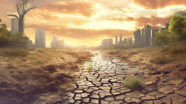 a drought river land crack surrounded by trees and big city with sky scrapper building climate change crisis loop animation background illustration
