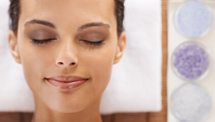Woman, relax and aromatherapy treatment in spa for rest, wellness and stress relief for peace....