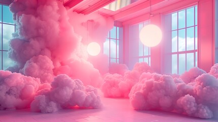 Pink magenta fantastic 3d clouds in the room interior, sky and landscape. Gentle colors and with bright lights.
