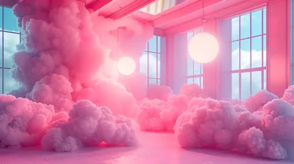 Fotobehang Pink magenta fantastic 3d clouds in the room interior, sky and landscape. Gentle colors and with bright lights. © Thanthara