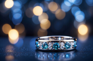 beautiful ring with blue diamonds on blue bokeh background