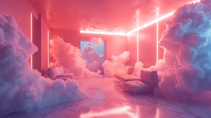 Pink magenta fantastic 3d clouds in the room interior, sky and landscape. Gentle colors and with bright lights.