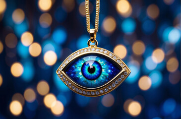 evil eye pendant on blue bokeh background - obrazy, fototapety, plakaty