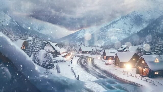 Winter Majesty: A Breathtaking Landscape of Snow-Covered Mountains and a Quaint Town. Cartoon or Japanese anime painting style, fantasy background illustration, seamless looping 4K video