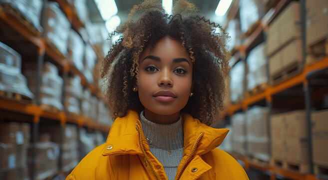 Portrait Of A Confident Young Woman In A Yellow Jacket Standing In A Warehouse.