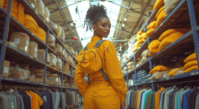 Young woman in a yellow jumpsuit browsing in a warehouse store with shelves of colorful textiles. - Powered by Adobe