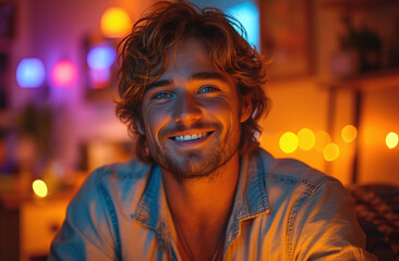 Portrait of a smiling young man with ambient lighting in a cozy indoor setting.