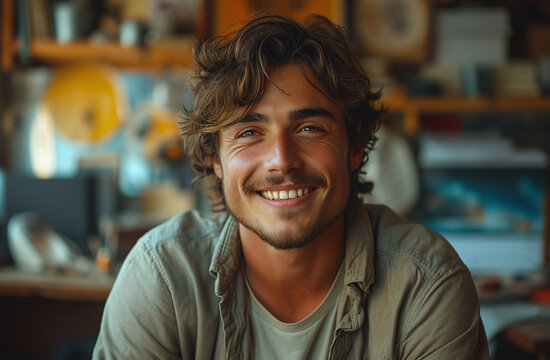 Portrait of a smiling young man with curly hair, casually dressed, in a cozy indoor setting.