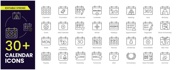 Calendar Stroke icon set. Containing date, schedule, month, week, appointment, agenda, organization and event icons. Editable Stroke icon collection. Vector illustration. - obrazy, fototapety, plakaty