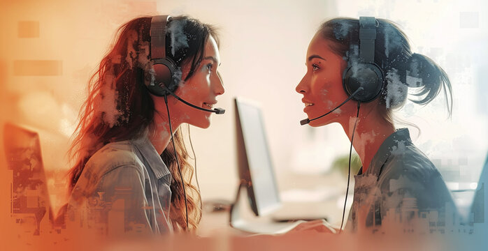 Two Customer Service Representatives With Headsets Facing Each Other, Blurred Office Background.