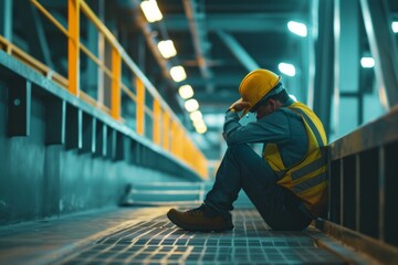 A tired or stressed engineer sitting on a walkway, symbolizing the crisis of unemployment and economic failure - obrazy, fototapety, plakaty