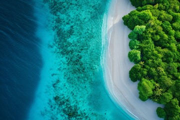 An aerial photograph of a beautiful paradise-like tropical beach on an island in the Maldives - Powered by Adobe