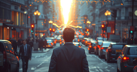 Man in suit walking towards sunset on busy city street with cars and urban lights.
