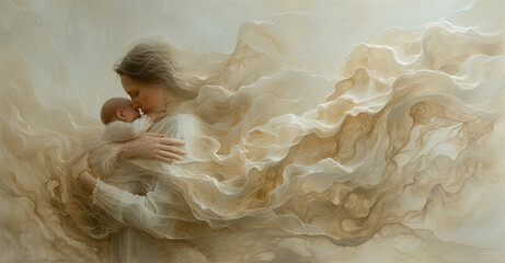Mother embracing child in ethereal setting with flowing, soft textures and warm, neutral tones.