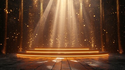 podium with golden light lamps background golden light award stage with rays and sparks - obrazy, fototapety, plakaty