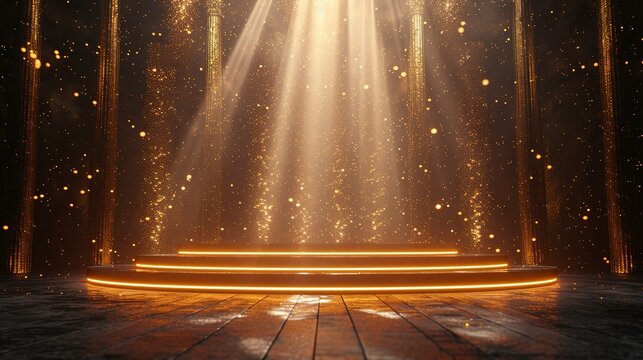podium with golden light lamps background golden light award stage with rays and sparks