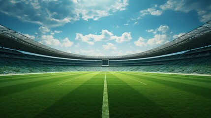 Wide-angle view of the lawn in a soccer stadium. - obrazy, fototapety, plakaty