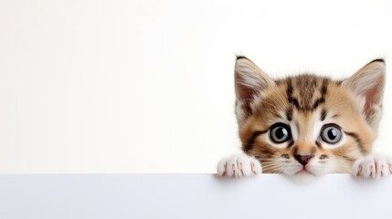 A kitten peeking over a blank white sign placard with its paws up.