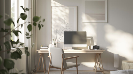 Modern Home Office in Scandinavian Style, Minimalist Workspace with Natural Light, Elegant Wooden Desk and Chair, Tranquil Interior Design, Organized Desk with Decorative Plants and Framed Artwork
