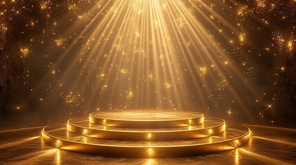 podium with golden light lamps background golden light award stage with rays and sparks 
