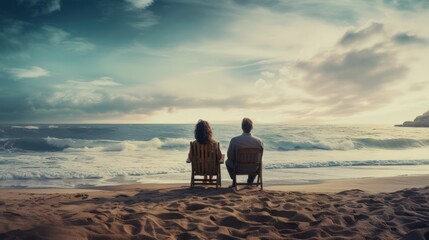 Fototapeta premium A man and a woman are sitting on the beach, overlooking the sea.