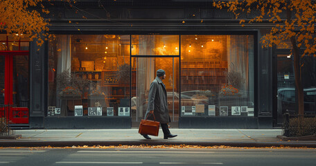Man walking by a shop window on a city street at dusk, carrying a briefcase, with autumn leaves.