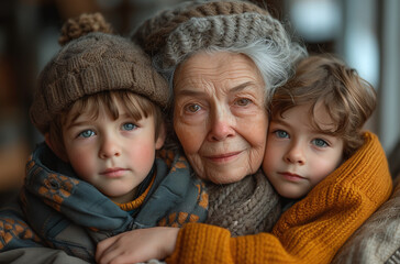Fototapeta premium Elderly woman embracing two young children, all wearing warm knitted hats, conveying a sense of family warmth and generational love.