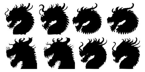 Dragon head silhouette flat style design vector illustration set isolated on white background.