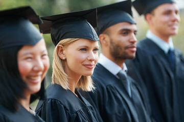 Woman, graduation and students in college or university to celebrate school diploma or degree....