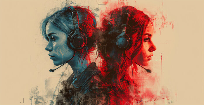 Abstract Digital Artwork Of A Woman With Headphones In A Dual Red And Blue Color Scheme With A Smoky Effect.