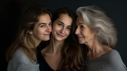 Three generations of women in a portrait. family bonding, timeless beauty. a warm and intimate photography style capturing generational love. AI