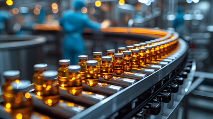 Fototapeta premium Glass Bottle Filling at Production Line