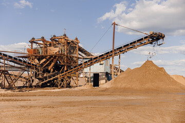 Sand quarry banner, Industrial plant with belt conveyor in open pit mining. Construction site,...