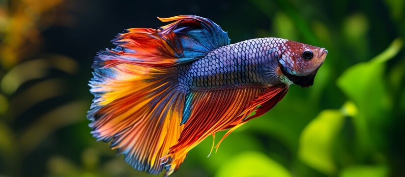 In an underwater event, an electric blue betta fish with vibrant fins and tail is gracefully swimming in an aquarium.