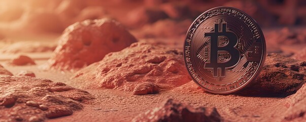 Bitcoin cryptocurrency on mars-like terrain, conceptual finance technology. coin standing upright in martian landscape. digital currency. AI
