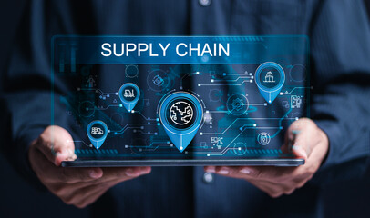 Logistic and transport concept. Businessman showing virtual supply chain icon, Logistic management, organizing and controlling resources to meet the needs of customers.