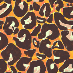 Multi- coloured Leopard print.  seamless pattern. Animal jaguar skin texture with brown and sandstone colors on a orange backdrop. Repeat design for decor, fabric, textile, wallpapers 