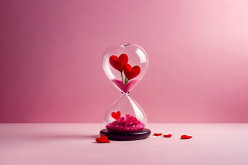 heart shaped hourglass.Red heart flowing in hourglass on pastel background - Time for love concept	