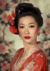 glamorous asian actress starlet in red traditional costume old hollywood style headshot vintage colorized photo - obrazy, fototapety, plakaty