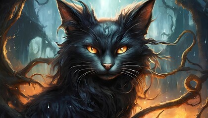 Witch black cat illustration spooky concept - obrazy, fototapety, plakaty