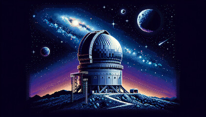 Pixelated Space Observatory: Nostalgic 8-bit Art with Retro Gaming and Astronomical Charm - obrazy, fototapety, plakaty