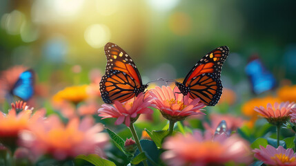 Fototapeta na wymiar Sunlight filtering through the wings of a butterfly perched on a flower
