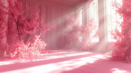 The background of a pink room with sunlight filtering through the trees that can be used for presentations, etc.